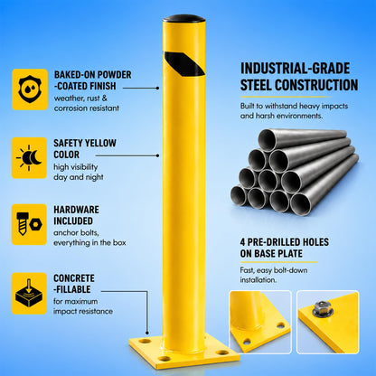Trafford Industrial Yellow Powder-Coated Steel Safety Bollard, Heavy-Duty Bollard Post, Parking Barrier for Traffic Safety and Access Control, Hardware Included