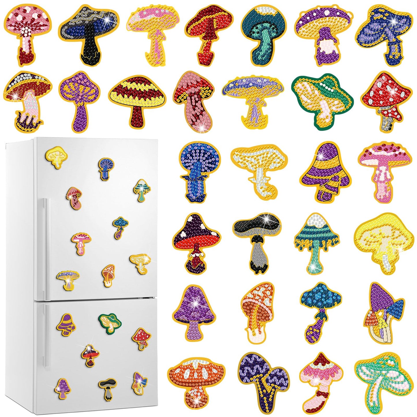 Xuhal 30 Pcs Mushroom Diamond Painting Magnets Mushroom Diamond Art Magnet Kits for Adults Cute Plant Refrigerator Magnetic Sticker 5D Rhinestone Fridge Stickers for Beginner DIY Crafts Xmas Gifts