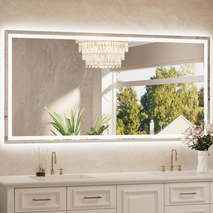 TETOTE 72 x 36 Inch Led Lighted Mirror for Bathroom Wall, Extra-Bright Beveled Bathroom Vanity Frontlit & Backlit Frameless Mirror with 3-Color Lights, Defogging, Tempered Glass, Waterproof