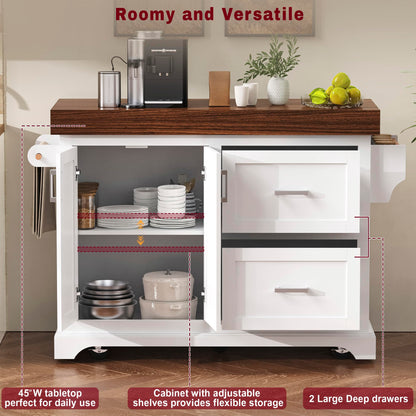Trygoal 53" Large Kitchen Island with Ultra-Thick 3.5" Countertop, Heavy-Duty Rolling Storage Cart on 5 Wheels, 2 Extra-Large Drawers, Adjustable Cabinet Shelf, for Kitchen, White