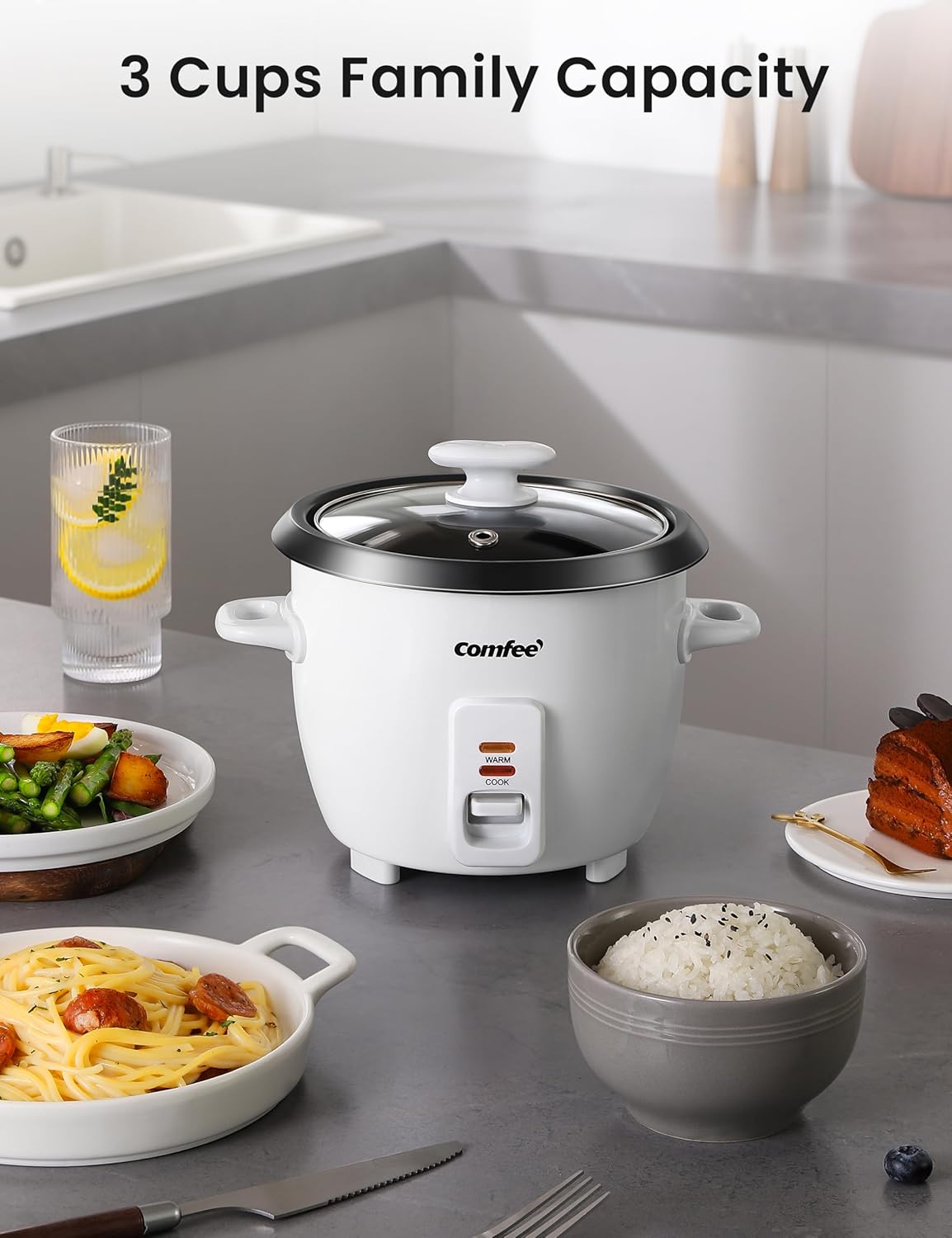 COMFEE' Rice Cooker, 6-Cup Cooked/3-Cup Uncooked, One Touch, Removable Non-Stick Bowl, White for Soups, Stews, Grains &