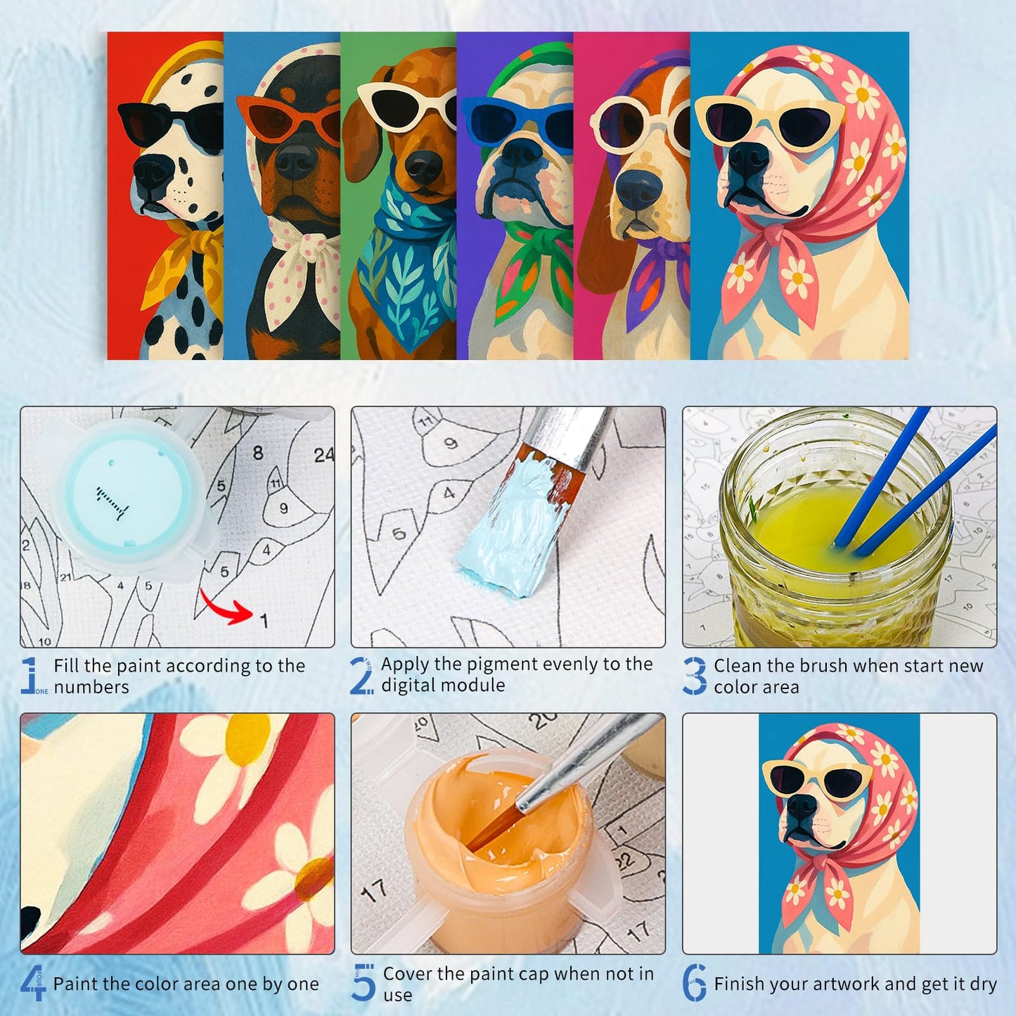 GEEHEIY 6 Pack Paint by Numbers Kit for Adults, Cartoon Dog Adult Paint by Number Kits on Canvas, DIY Animal Acrylic Oil Number Painting for Adults, Perfect for Home Decor 8x12 Inch