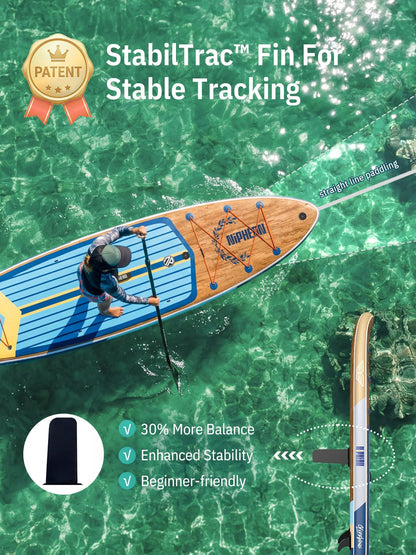 Niphean (Extra Large) Inflatable Paddle Board, SUP for 2+1 People/Family 500lbs Capacity Stand Up Paddle Board with SUP Accessories, StabilTrac Fin Non-Slip Paddleboard for Adults-Woven Wood