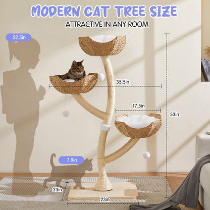 Modern Cat Tree Tower 53" - Multi-Level Cat Condo with Scratching Posts for Multiple Small & Large Cats