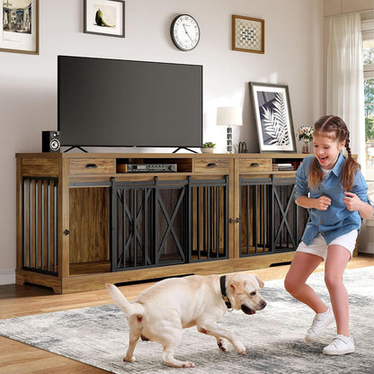 DWVO 63 Inch Double Dog Crate Furniture for 2 Dogs, Heavy Duty Wooden Dog Crate TV Stand with Charging Station, Dog Kennel Indoor Furniture Double Sliding Barn Door Design Ideal for 2 Dogs, Oak