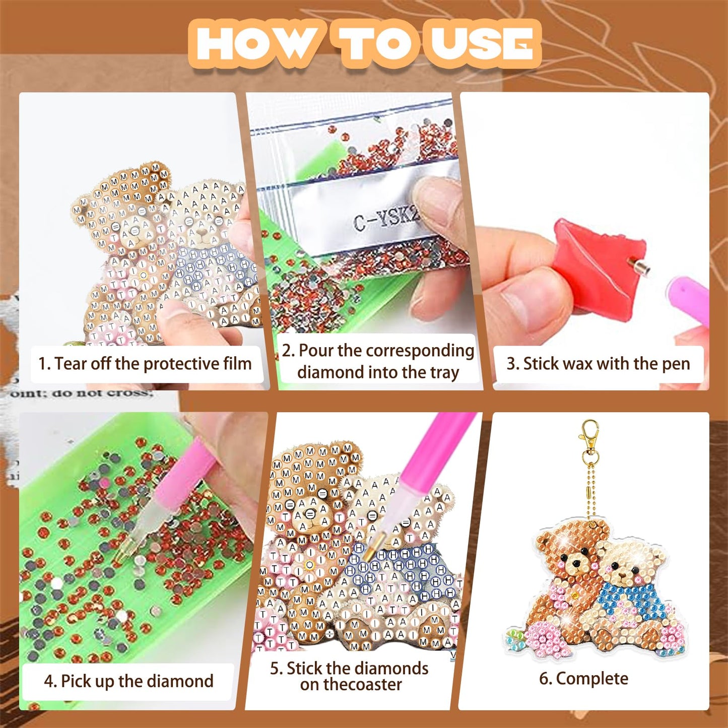 YUE ZHE 8 PCS Diamond Painting Keychains Double Sided Bear Diamond Art Kits for Adults DIY 5D Painting Keychains Ornaments for Adults Beginners DIY Crafts Decor