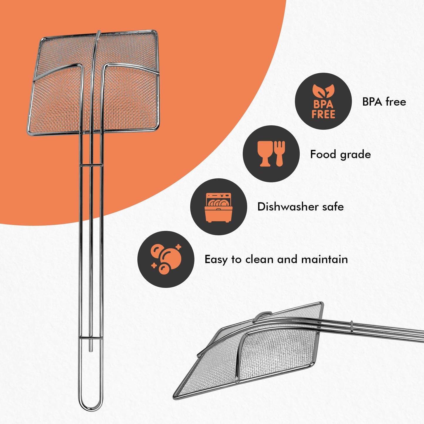 Cuisine Ready Wire Mesh Strainer with Long Handle | 2-Pack | 6.5" Square Frying Spoon | Cooking Oil Strainer for Deep Fryer & Professional Restaurant Use | Commercial Grease Skimmer