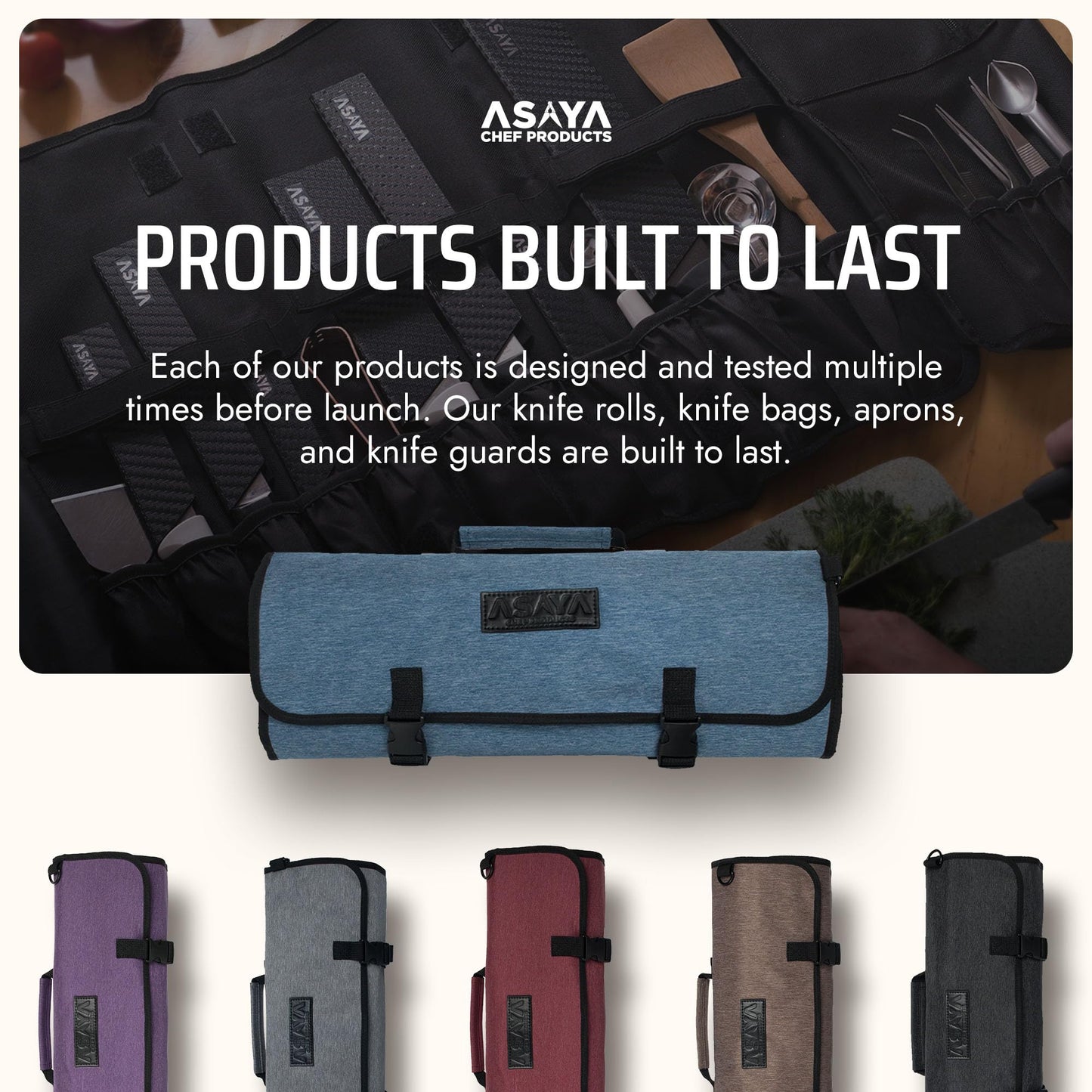Asaya Waxed Nylon Chef Knife Roll Bag with 20 Slots and Zippered Pockets - Professional Chef Knife Bag & Storage Case, Tool Carrier with Shoulder Strap - Knives Not Included (Blue)
