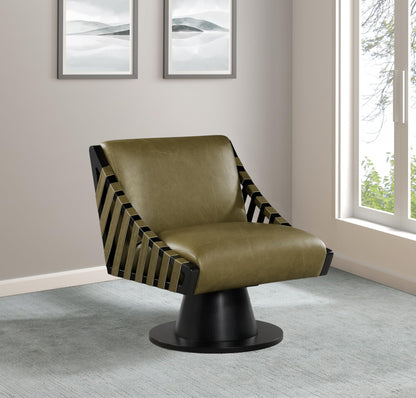 Meridian Furniture 33002Olive Millwin Collection Art Deco Swivel Accent Chair with Rich Olive Green Vegan Leather, Black Finish, Solid Wood Frame and Base, 28" W x 30" D x 32.5" H, Olive