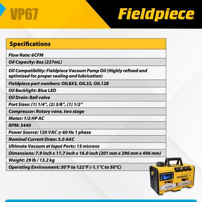 Fieldpiece VP67 Vacuum Pump – 6 CFM, 1/2 HP DC Motor, RunQuick Oil Change System – Portable - Professional HVAC Tool - A2L Compatible