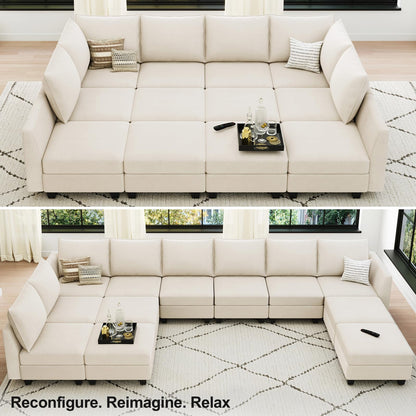 Belffin Oversized Modular Sectional Couch Sleeper Sofa with Storage Velvet Sectional Sofa Bed for Living Room, 12 Seats, Beige