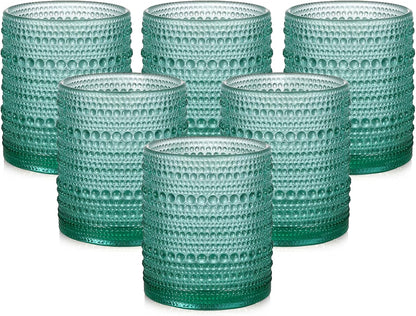 Vintage Glassware Drinking Glasses Set of 6, 12 oz Hobnail Glass Cups with 1 Cleaning Brush