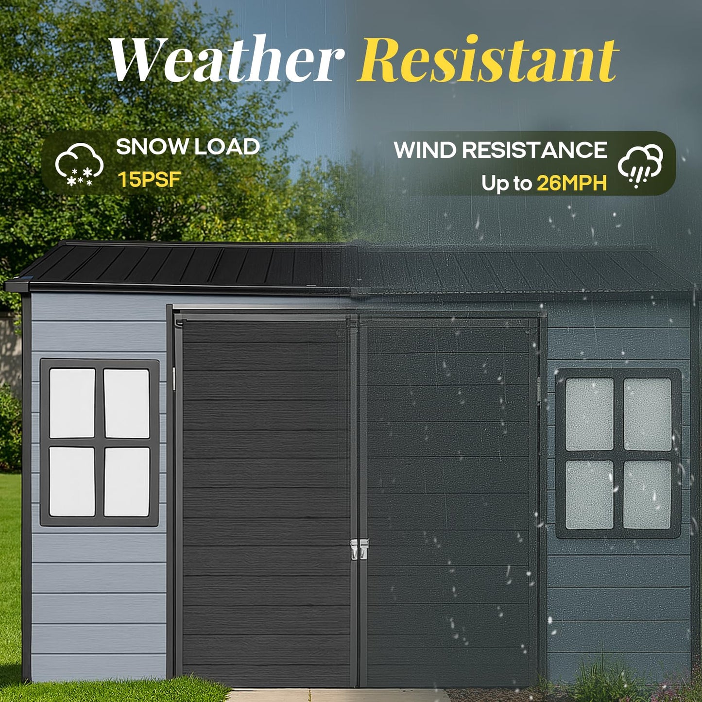 FammyLoft 8x4 FT Resin Storage Shed with Floor, Outdoor Plastic Shed with 2 Windows, 2 Vents and Lockable Door for Backyard Garden Patio Tools, Bike Metal Frame (Black+Grey)