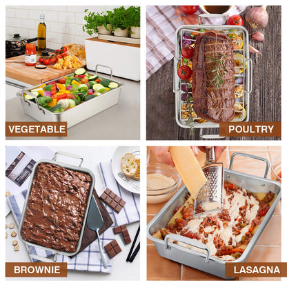 P&P CHEF 14" Roaster Roasting Pan with Baking Rack and V-shaped Rack, Stainless Steel Rectangular Lasagna Pan with Handles for Turkey Chicken, Healthy & Dishwasher Safe, 3 Pieces, Silver