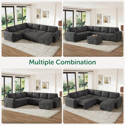 HONBAY Modular Sectional Sleeper Sofa with Pull Out Bed,Corduroy U Shaped Couch with Storage, Sectional Couches for Living Room,Dark Grey