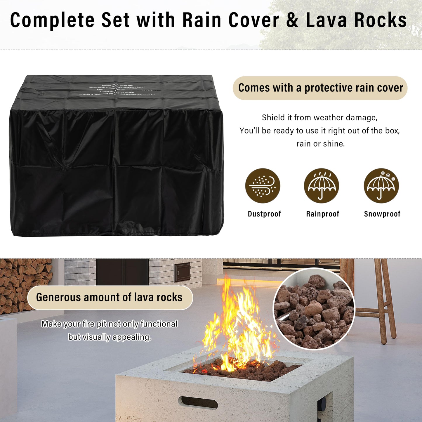GDFStudio MgO Lightweight Square Propane Fire Pit Table, 40000 BTU Outdoor Propane Fire Pit with Steel Burner, Adjustable Flame Control, Lava Rocks & Rain Cover, Patio Backyard Deck Poolside, Beige