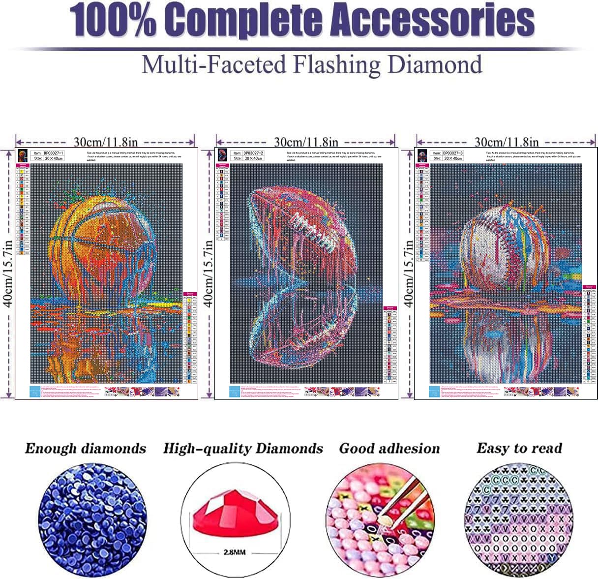 YOLENIX Square Diamond Art Kits for Adults, 3 Pack Graffiti Ball Diamond Painting Kits for Beginners, DIY Diamond Dots Ball Games 5D Gem Art Square Drill Painting Kits for Home Wall Decor 12x16 inch