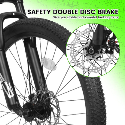 26 Inch Mountain Bike, 21-Speed Mountain Bicycle with Full Suspension and Dual Disc Brakes Thumb Shifter, High Carbon Steel Frame MTB Bike for Teenagers Adult Men Women Trail Commuter, Black-Green