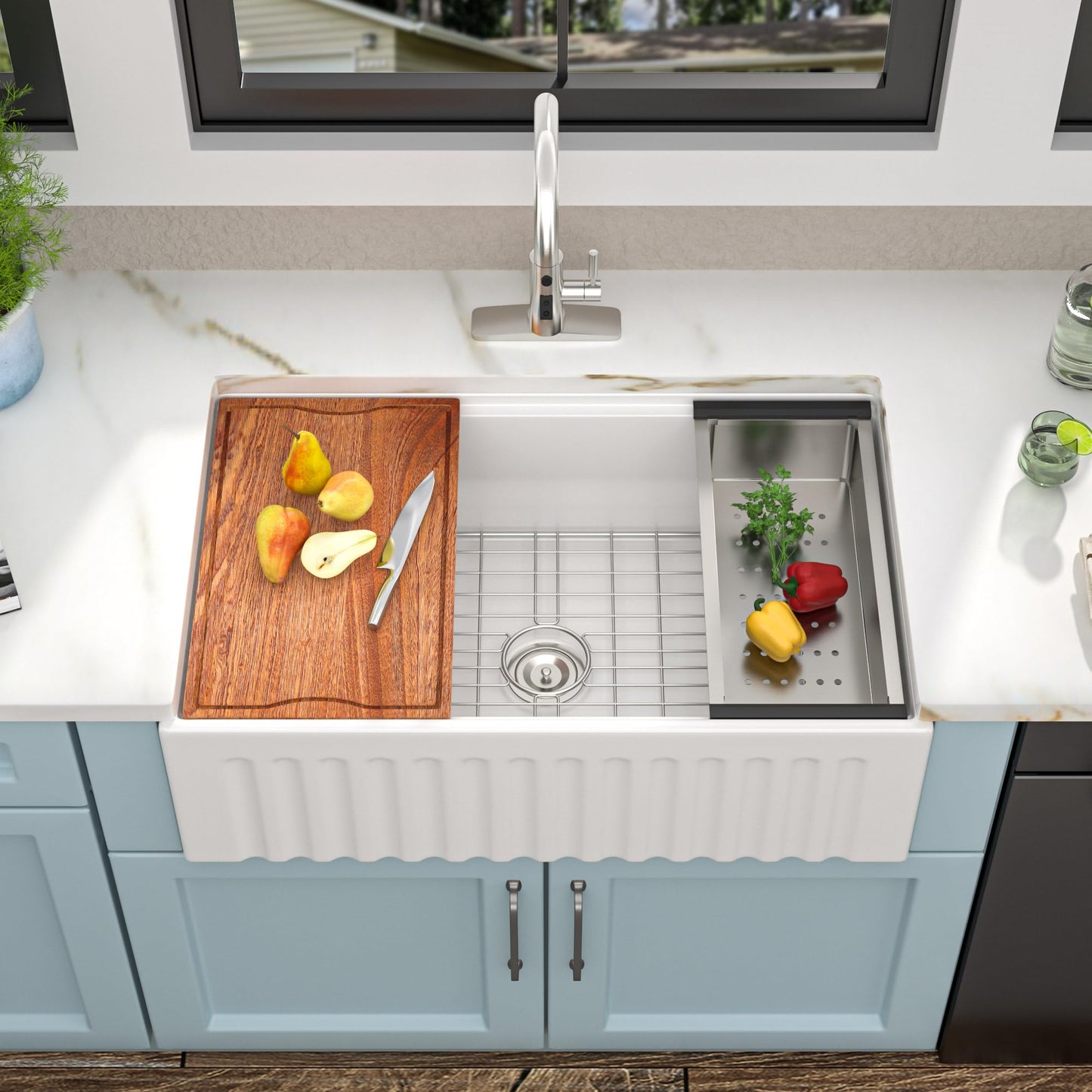 33 White Farm Sink Workstation - Fulorni 33 Inch Farmhouse Kitchen Sink Workstation Flat Apron Front White Ceramic Porcelain Fireclay Single Bowl Farmer Style Basin