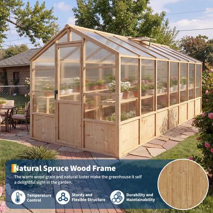 Wooden Greenhouse Kit with 4mm Polycarbonate Panels & 2 Adjustable Ventilation - Heavy Duty Wood Large Outdoor Greenhouse with Lockable Door for Garden, Backyard, Patio, Lawn Walk-in Green House