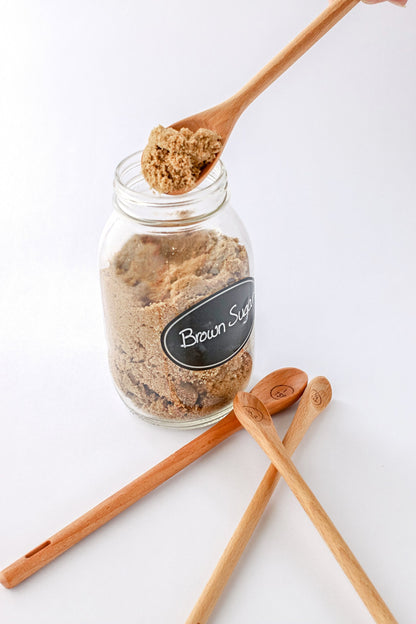 Long Handle Wooden Measuring Spoons by utensi, Set of 4 Engraved Accurate Spoons for Dry and Liquid Ingredients, Beech Wood Set (9-inch handles)