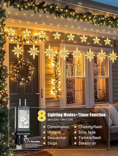 126 Lights,7.8ft in,8 LED Star Icicle Connectable Window Curtain Lights Plug Lighting Modes Timer Bethlehem Star