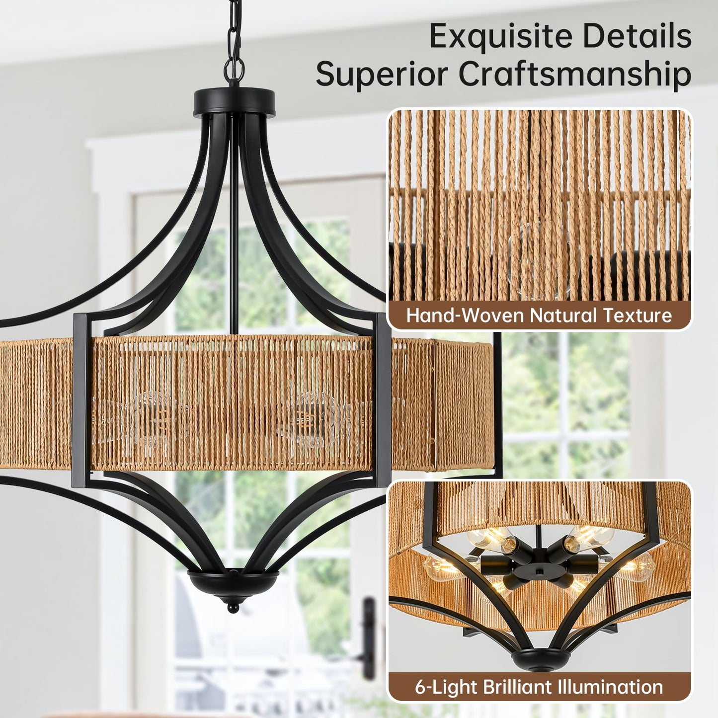 25.6" Rattan Farmhouse Chandelier Teardrop Light Fixtures, 6-Light Rustic Rattan Pendant Lighting with Straight Woven Shade Boho Black Hanging Light for Dining Room Living Room Kitchen Island Bedroom