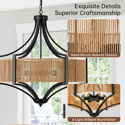 25.6" Rattan Farmhouse Chandelier Teardrop Light Fixtures, 6-Light Rustic Rattan Pendant Lighting with Straight Woven Shade Boho Black Hanging Light for Dining Room Living Room Kitchen Island Bedroom