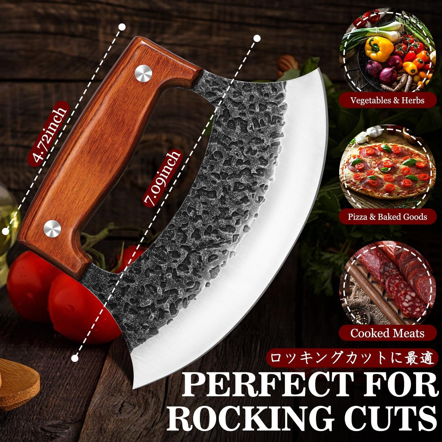 TIVOLI Hand-Forged Ulu Knife – Full Tang High Carbon Steel, Japanese-Inspired with Sheath & Gift Box, Mezzaluna Rocker Knife & Pizza Cutter for Kitchen, Camping&BBQ - Gifts for Mom