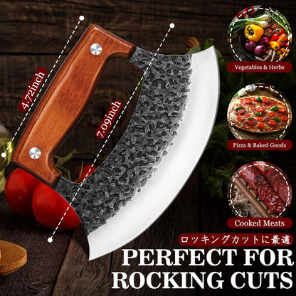 TIVOLI Hand-Forged Ulu Knife – Full Tang High Carbon Steel, Japanese-Inspired with Sheath & Gift Box, Mezzaluna Rocker Knife & Pizza Cutter for Kitchen, Camping&BBQ - Gifts for Mom