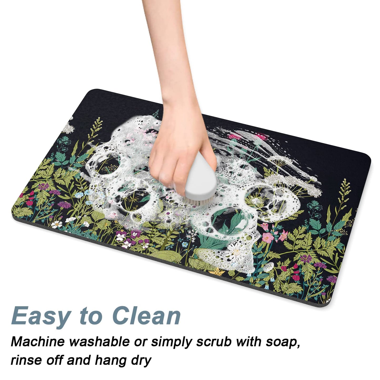 Rnivvi Dog Food Mat, 16" x 24" Flower Absorbent Dog Cat Bowl Mat for Food and Water, Cute Anti-Slip Rubber Pet Feeding Rug Protect Floors, Puppy Placemat for Feeding & Watering Supplies,Black Floral