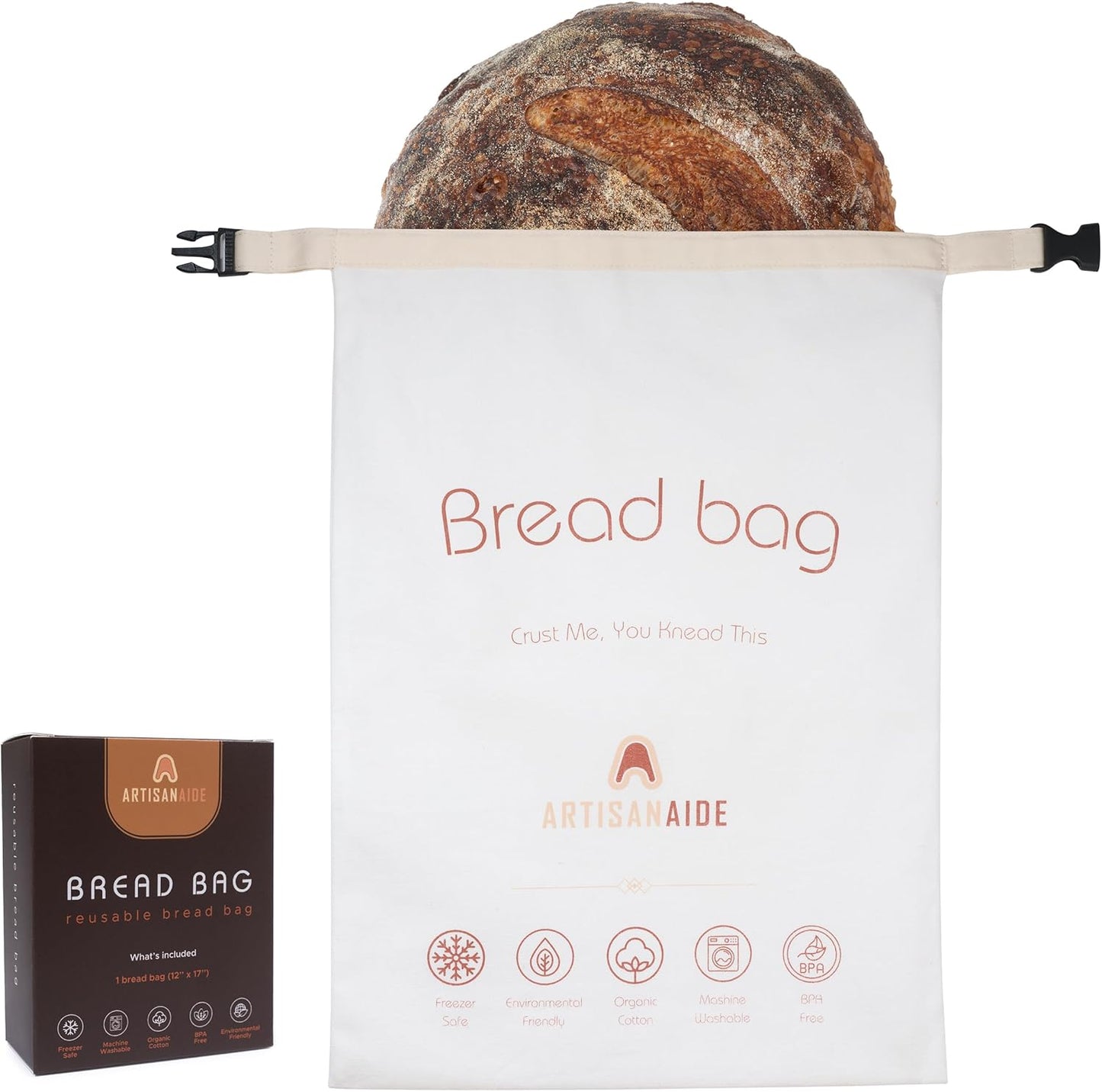 12x17 Reusable Bread Bag for Homemade Sourdough - in Organic Cotton + Food-Safe Lining Roll-Top Buckle Closure, Freezer