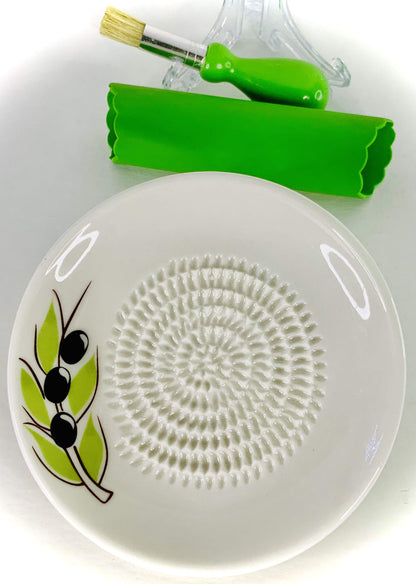 BonCera, All-in-one Premium Ceramic Garlic Grater Plate 4-Piece Set - White Olive Design, Classic Style - For Garlic, Ginger, Chocolate, and more! - Comes with 5.25" Plate, Peeler, Brush, and Stand