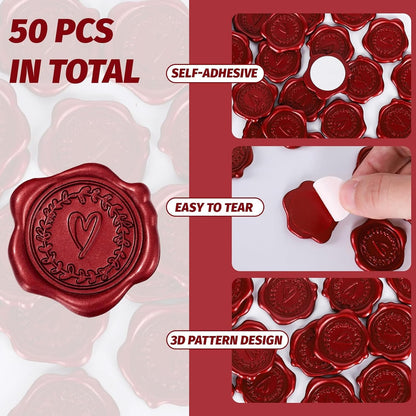 Whaline 50Pcs Valentine's Day Embossed Wax Seal Stickers Wine Red Heart Pattern Envelope Seal Decals Self-Adhesive Stamp Sticker for Wedding Invitations Greeting Cards Supplies DIY Craft, 1.2 Inch