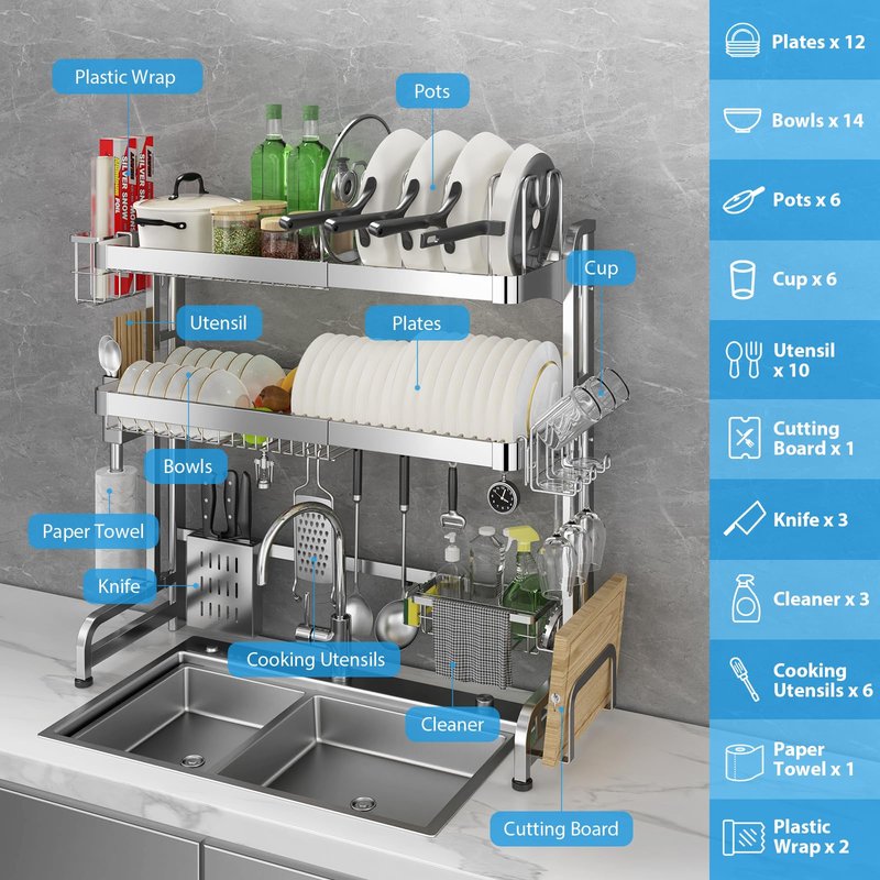 Shrivee Over The Sink Dish Drainer Drying Rack, Full Stainless Steel 3-Tier Adjustable Length Over Sink Dish Drying Rack, Large Capacity Dish Rack Over Sink for Kitchen Counter, Pots & Pans Rack