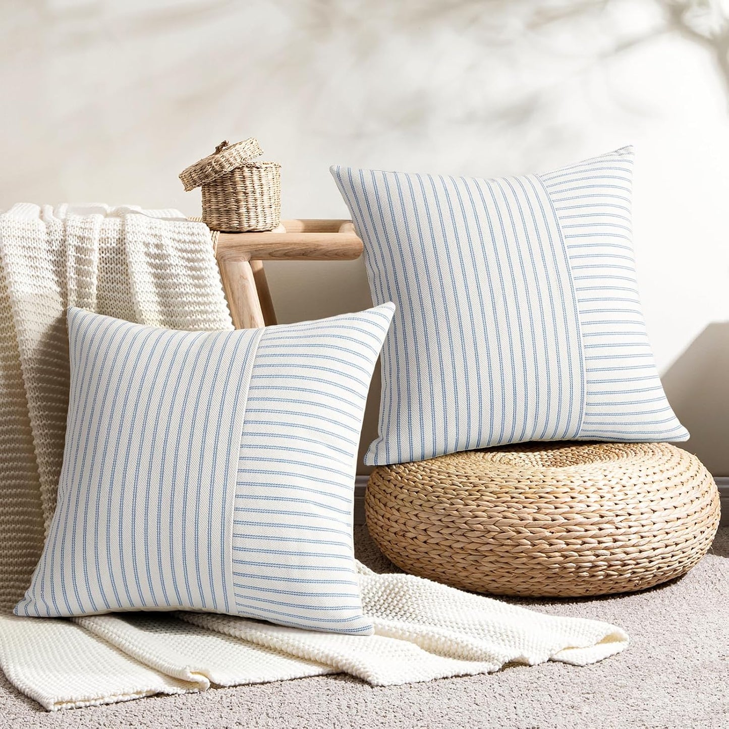 24x24, Set 2, YCOLL Farmhouse Pillow Covers Modern Accent Square Throw Pillow Covers of Light Blue and Beige Striped