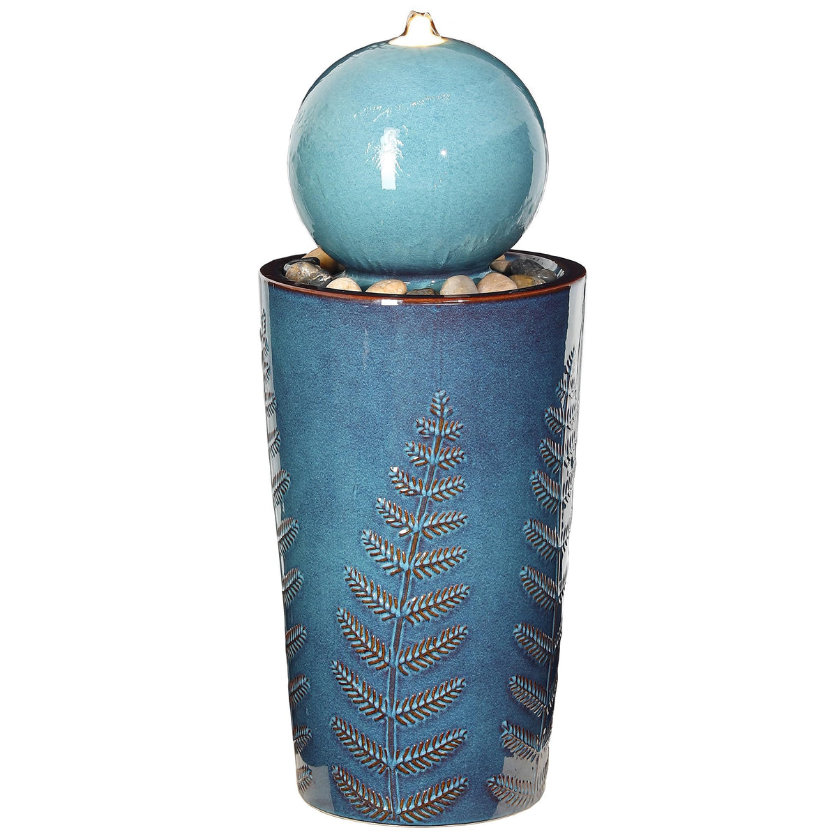 Autodaya 29.5" H Ceramic Sphere Water Fountain with LED Lights, Modern Nature-Inspired Design, Teal Blue Glaze with Leaf Patterns & Pebbles, Soothing Trickling Water Feature for Patio, Yard and Garden