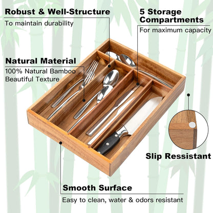 Silverware Organizer Acacia, Kitchen Drawer Organizer, Cutlery Holder with 5 Slots for Flatware Storage in Drawer