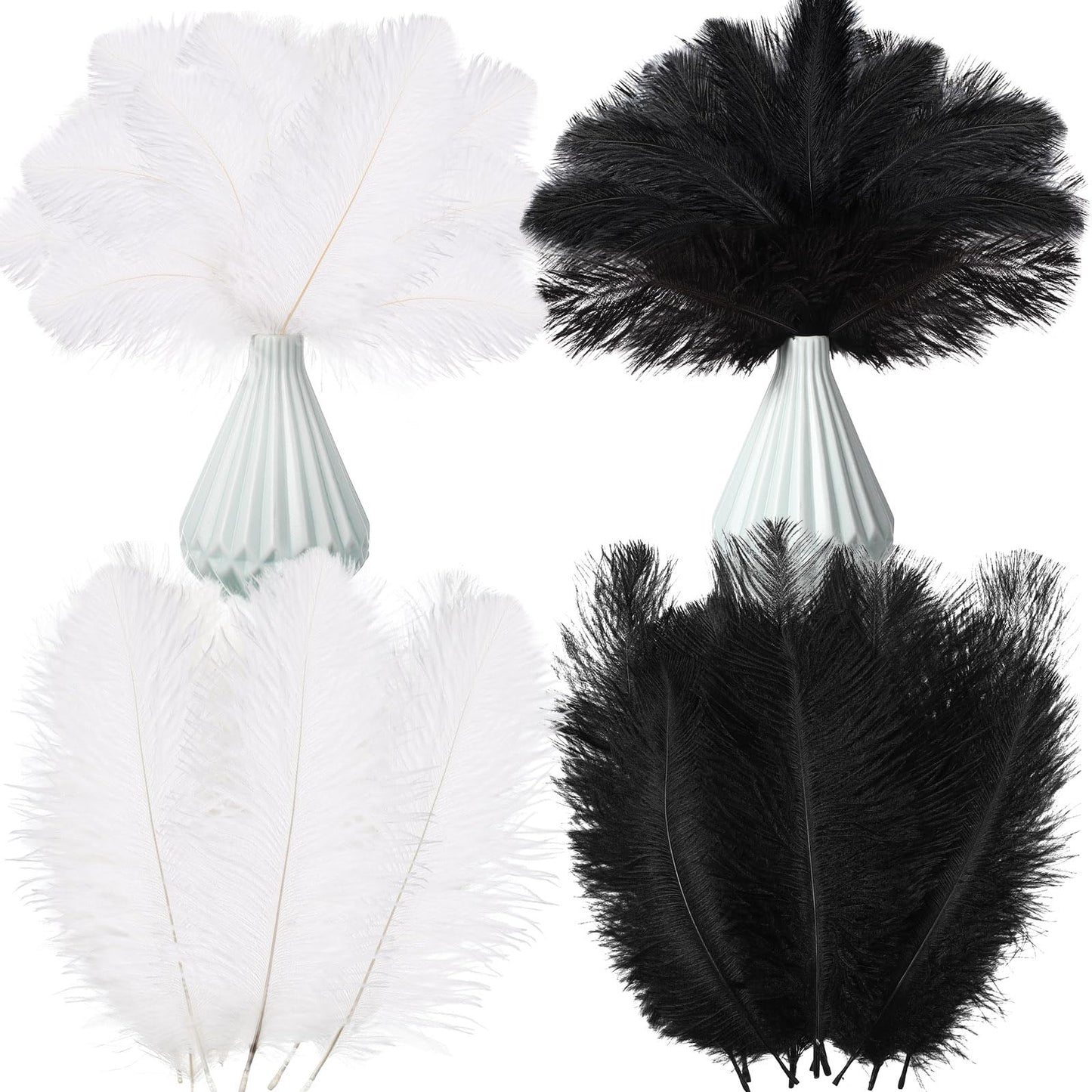 Crowye 100 Pcs Ostrich Feathers Bulk for Centerpieces Craft Ostrich Feathers for Masquerade Vase Wedding Party Home Costume Decorations (6-8 Inch,Black,White)