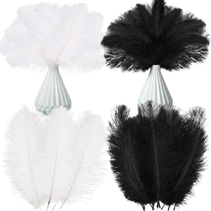 Crowye 100 Pcs Ostrich Feathers Bulk for Centerpieces Craft Ostrich Feathers for Masquerade Vase Wedding Party Home Costume Decorations (6-8 Inch,Black,White)