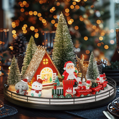12 Set 13" Oroyutor Pcs Christmas Village - Oak Wooden Lazy Susan with Santa Train, House & Trees Indoor Christmas
