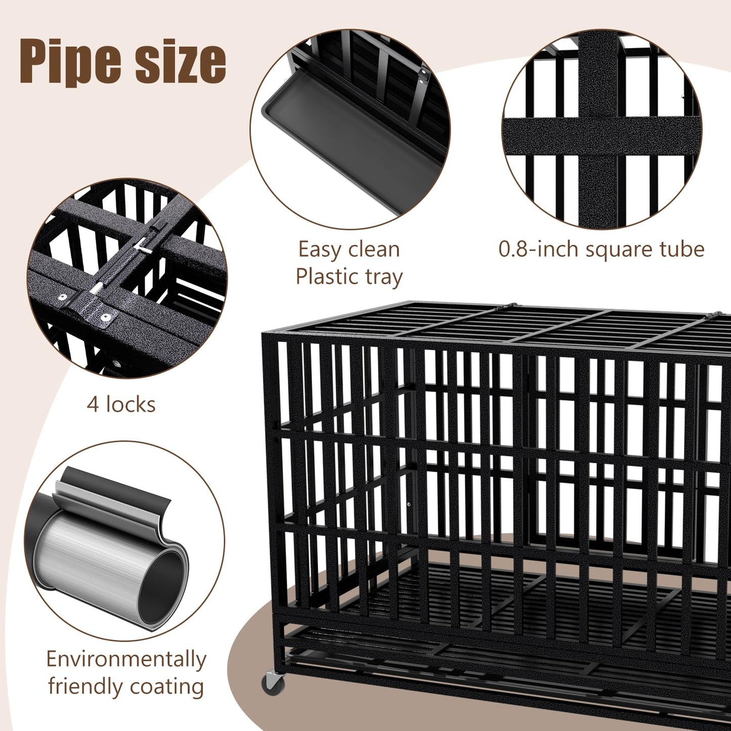 SHUSHIM 48 Inch Heavy Duty Dog Crate Kennel with Wheels, High Anxiety Indestructible Dog Crates for Large Dogs, XL XXL Extra Large Dog Crate with Removable Plastic Tray, Two Locks (Black, Square)