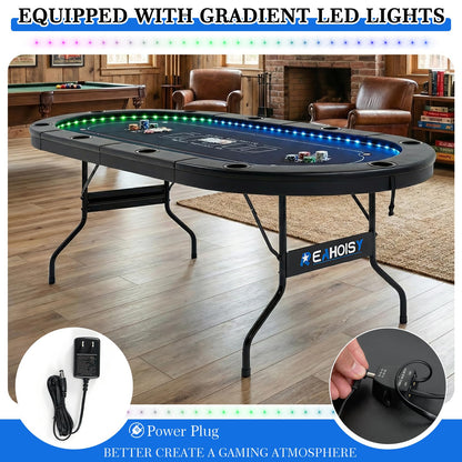 REAHOISY LED Poker Table, 84" 10 Players Oval Foldable Texas Holdem Casino Table with Tri-Color LED Lights, Board Game Table for Home Game Room with 10 Cup Holders and Padded Armrests
