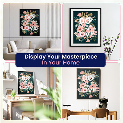 Modern Merch Flowers Diamond Art for Adults Motivational Quote and Sayings 'Do Everything with Love' Inspiring 5D Diamond Painting for Adults, Floral Wall Decor DIY Cross Stitch Round Drill 12x16