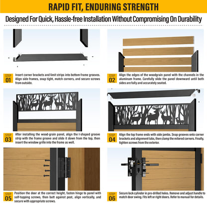 Brukid 4x5 FT Aluminum Fence Gate Kit Wood Grain Aluminum Gate with Decorative Cutout, Lock & Hinges, Left/Right Opening, Weather Resistant for Yard Garden Patio
