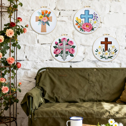 BEUNITONE Cross and Flowers Embroidery Kit for Beginners, DIY Stamped Needlepoint Craft with 4 Easy Patterns, Complete Starter Set for Relaxing Mindfulness Art and Creative Gift for Adults