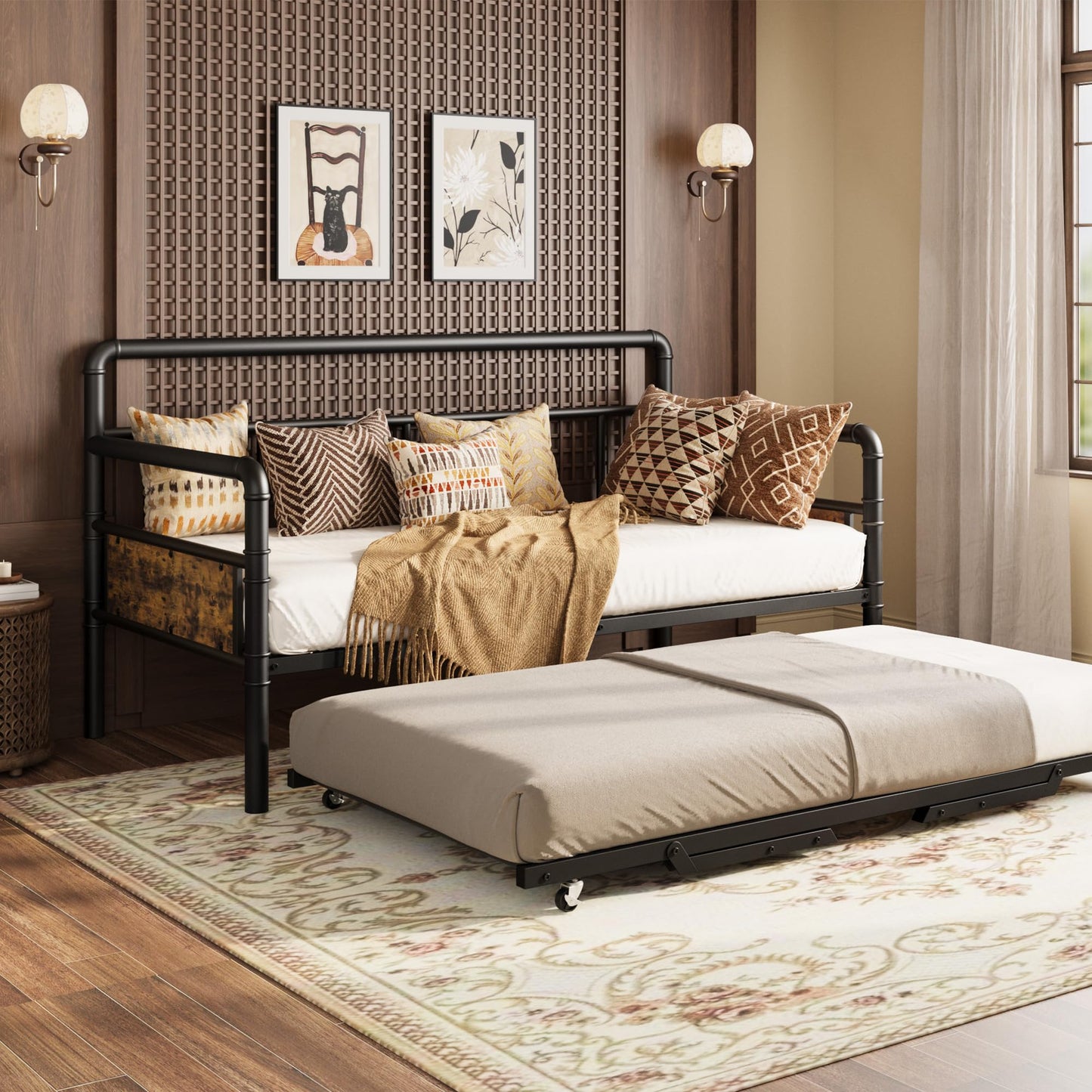 IDEALHOUSE Twin Daybed and Foldable Metal Trundle Bed, Metal Twin Bed Frame Heavy Duty Steel Slats Support,Sofa BedFrame for Living Room, Guest Room,Noise Free, Black
