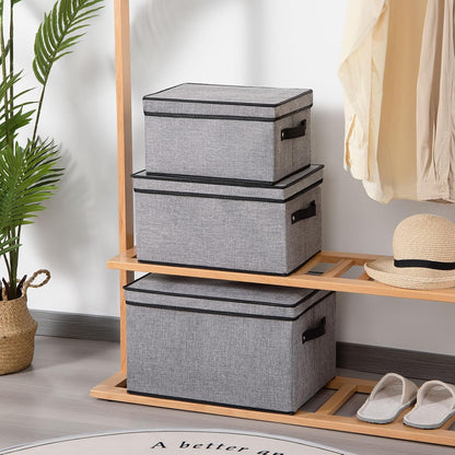 Fabric Storage Boxes, 15 x 9.8 x 8.3 Inch Bins with Lids, Medium Gray Decorative Linen Closet Organizers with Handles,