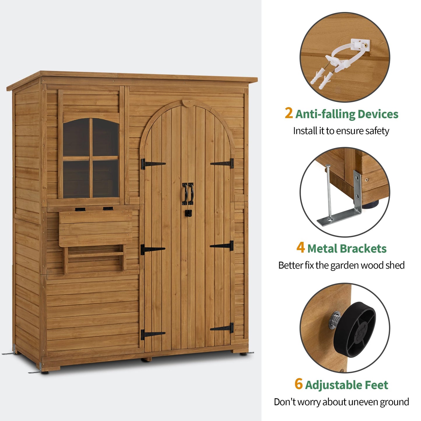 Macrout Outdoor Storage Cabinet with 3 Shelves (4.8 x 2.1 x 6.2 ft), Wood Storage Shed with Roof, Tall Garden Shed with 1 Foldable Table for Yard Patio Lawn, 1815