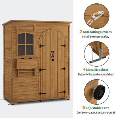 Macrout Outdoor Storage Cabinet with 3 Shelves (4.8 x 2.1 x 6.2 ft), Wood Storage Shed with Roof, Tall Garden Shed with 1 Foldable Table for Yard Patio Lawn, 1815